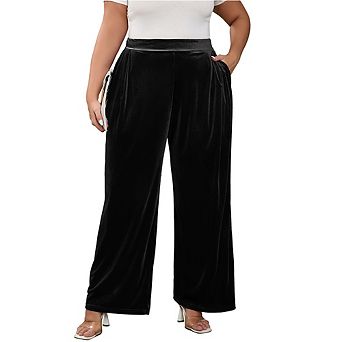 Women's Plus Size Pants Velvet Wide Leg Pants Elastic Waist Loose Fit Casual Trousers with Pockets