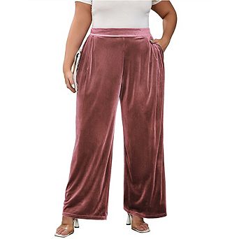 Women's Plus Size Pants Velvet Wide Leg Pants Elastic Waist Loose Fit Casual Trousers with Pockets