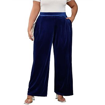 Women's Plus Size Pants Velvet Wide Leg Pants Elastic Waist Loose Fit Casual Trousers with Pockets