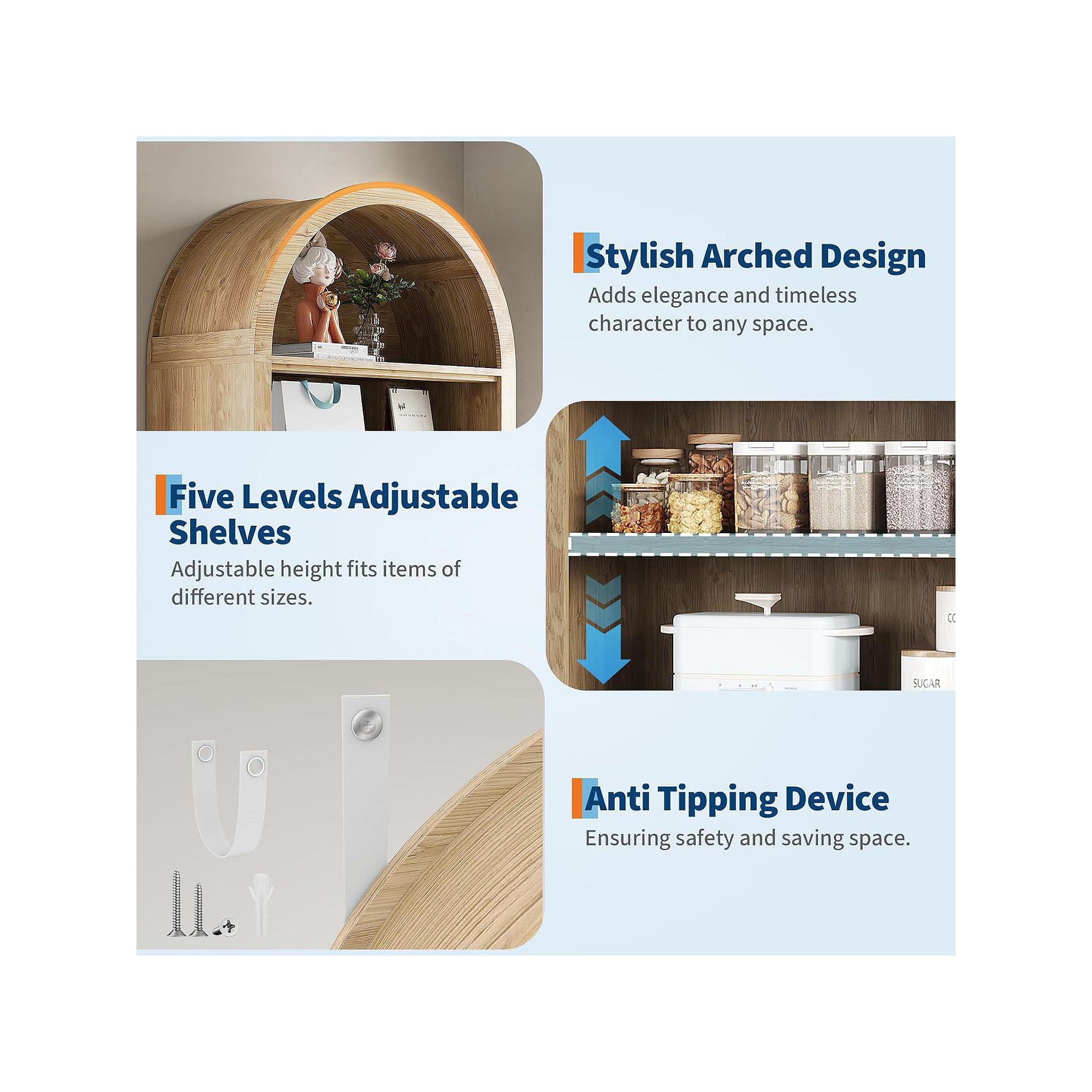 Stylish arched design and adjustable shelves features text blocks