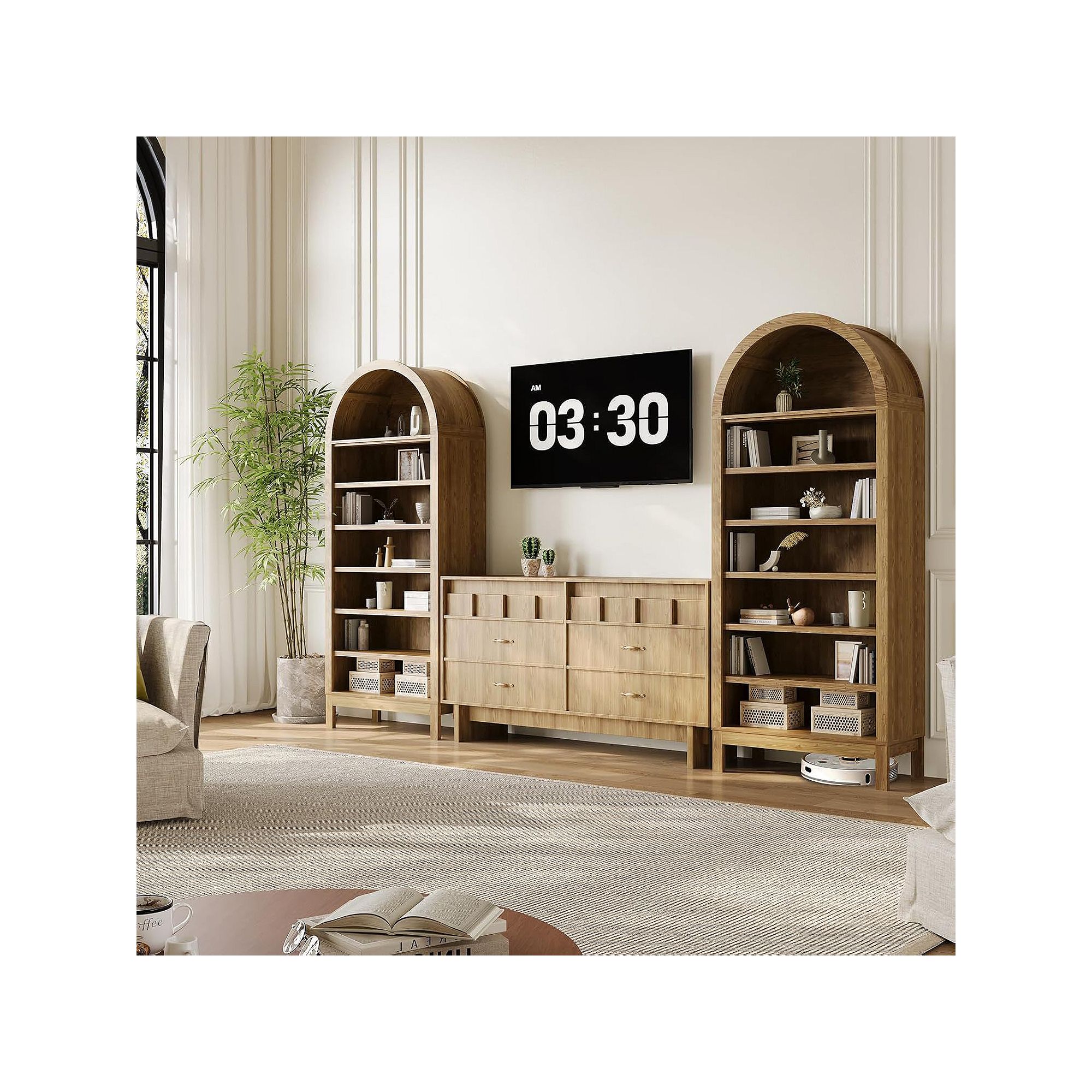 Double arched bookcases flanking a dresser with a wall-mounted TV
