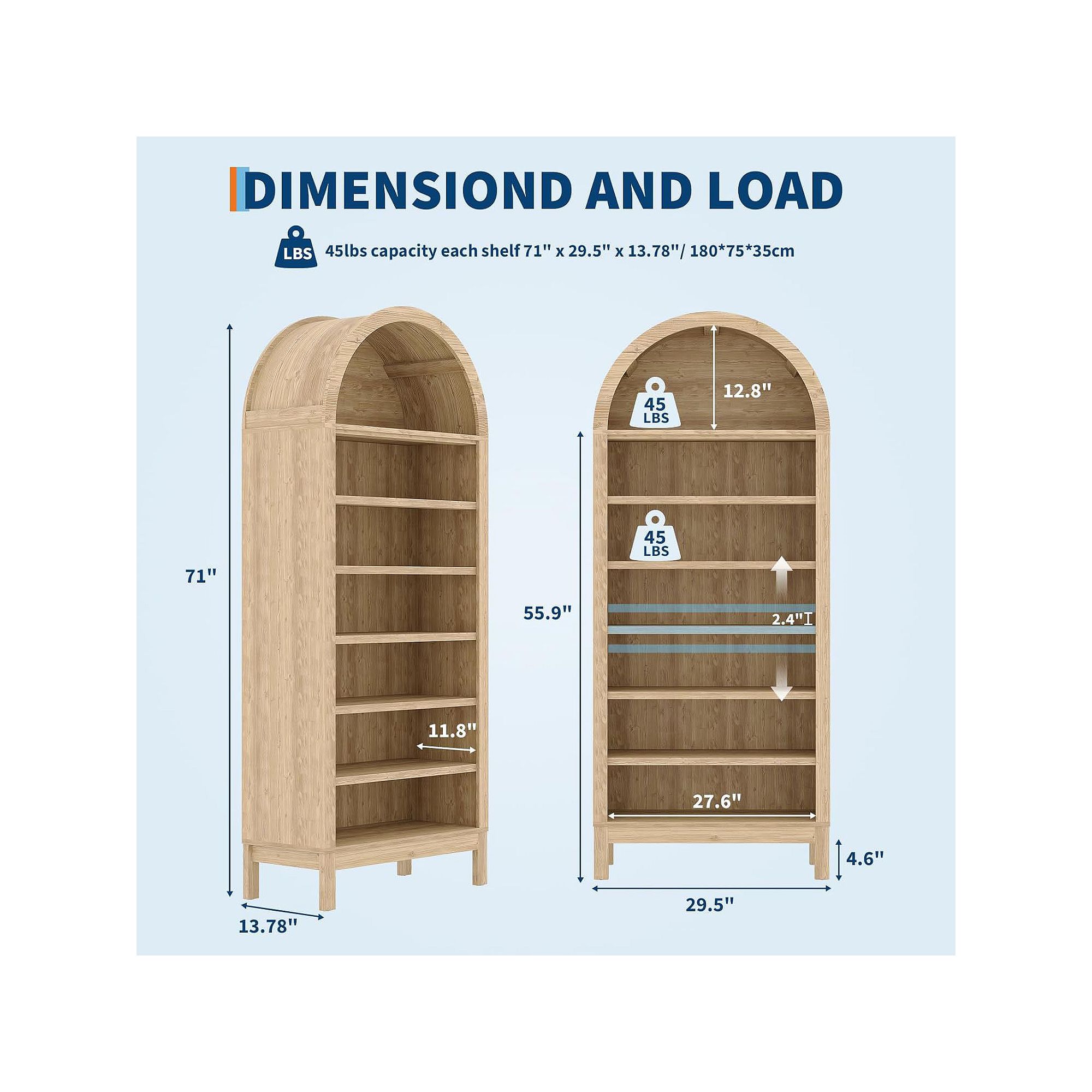 Diagram of dimensions and load capacity for the tall arched bookshelf