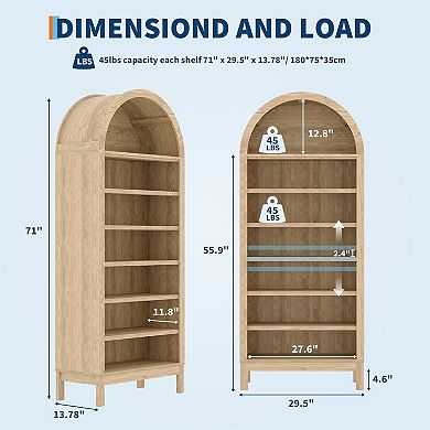71 in Tall Arched Bookcase, 7 Tiers Arch Bookshelf Open Storage,Adjustable Shelves