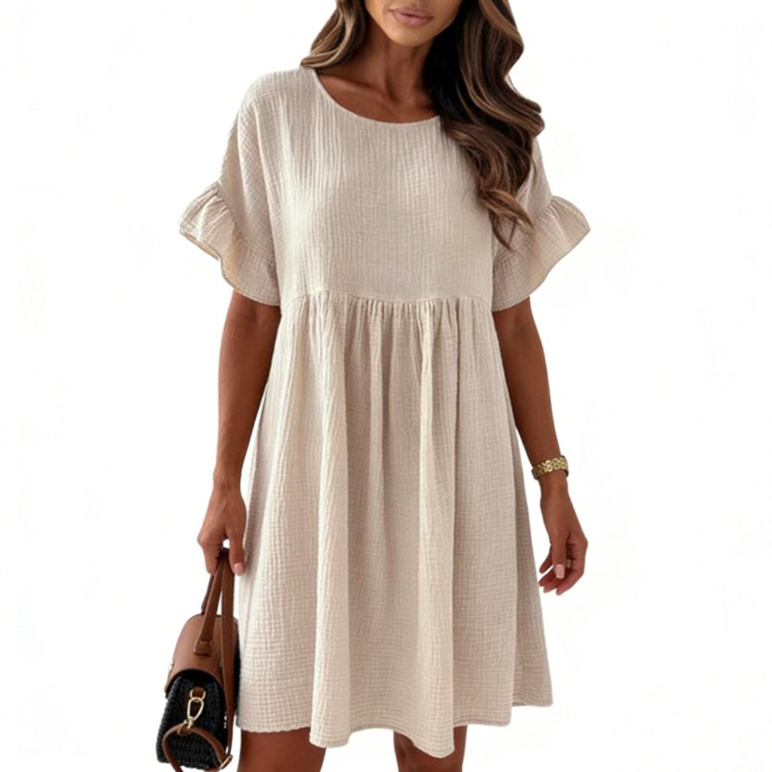 Женские платья Women Dress Round Neck Short Sleeve Loose Pleated Solid Color Dress for Effortless Summer
