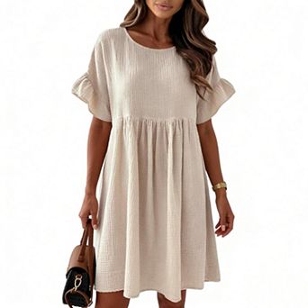 Women Dress Round Neck Short Sleeve Loose Pleated Solid Color Dress for Effortless Summer