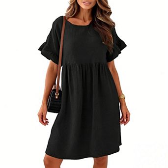 Women Dress Round Neck Short Sleeve Loose Pleated Solid Color Dress for Effortless Summer