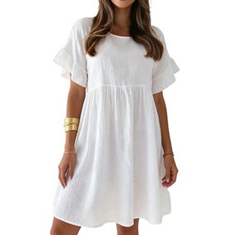 Women Dress Round Neck Short Sleeve Loose Pleated Solid Color Dress for Effortless Summer