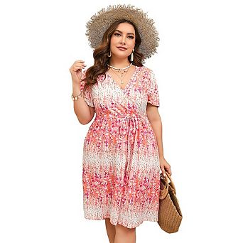 Women Plus Size Dress Short Sleeve Wrap Drawstring High Waist V Neck Dress Flowy A Line Midi Dress