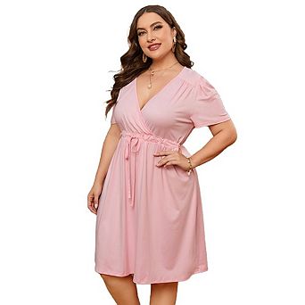 Women Plus Size Dress Short Sleeve Wrap Drawstring High Waist V Neck Dress Flowy A Line Midi Dress