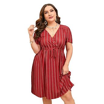 Women Plus Size Dress Short Sleeve Wrap Drawstring High Waist V Neck Dress Flowy A Line Midi Dress