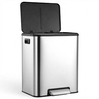 Dual Trash Can, Stainless Steel 2 x 4 Gal Steel Pedal Recycle Bin Garbage Can with Lid