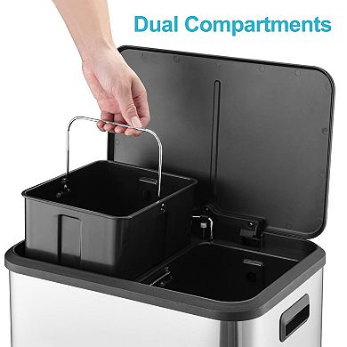 Dual Trash Can, Stainless Steel 2 x 4 Gal Steel Pedal Recycle Bin Garbage Can with Lid