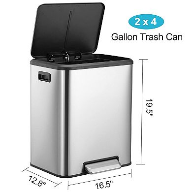 Dual Trash Can, Stainless Steel 2 x 4 Gal Steel Pedal Recycle Bin Garbage Can with Lid