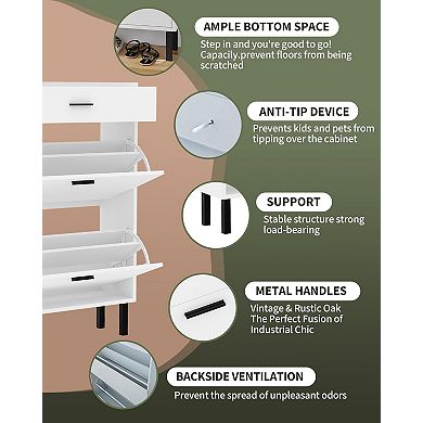 3-Tier Shoe Storage Cabinet , Flip Freestanding Entryway Organizer with Adjustable Shelves