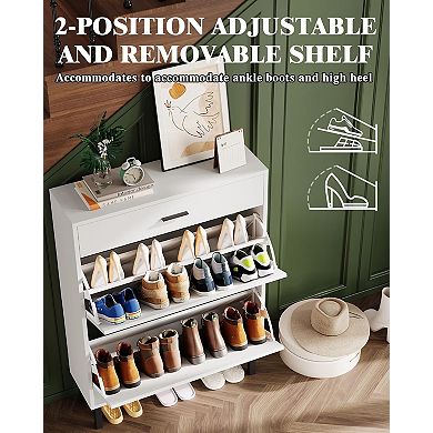 3-Tier Shoe Storage Cabinet , Flip Freestanding Entryway Organizer with Adjustable Shelves