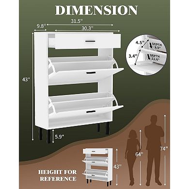 3-Tier Shoe Storage Cabinet , Flip Freestanding Entryway Organizer with Adjustable Shelves