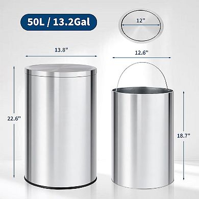 Stainless Steel Trash Can, Kitchen Garbage Can with Flipping Lid & Removable Inner Bucket