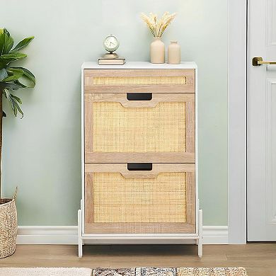 3-Tier Rattan Shoe Cabinet Storage,Slim Freestanding Shoe Organizer with Adjustable Shelves