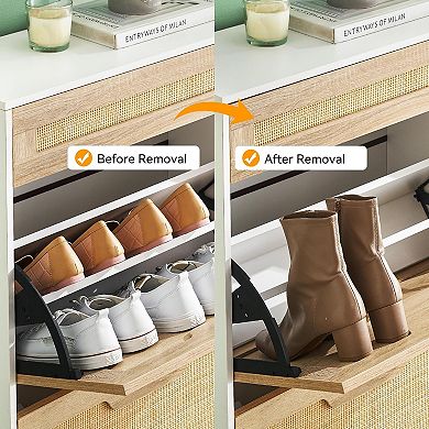 3-Tier Rattan Shoe Cabinet Storage,Slim Freestanding Shoe Organizer with Adjustable Shelves
