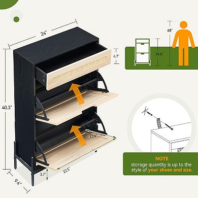 3-Tier Rattan Shoe Cabinet Storage,Slim Freestanding Shoe Organizer with Adjustable Shelves