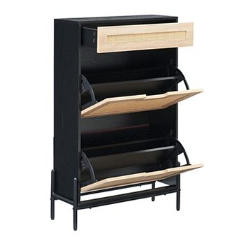 3 tier Rattan Shoe Cabinet Storage,Slim Freestanding Shoe Organizer with Adjustable Shelves