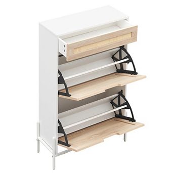 3 tier Rattan Shoe Cabinet Storage,Slim Freestanding Shoe Organizer with Adjustable Shelves