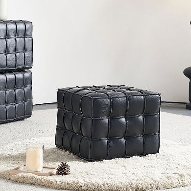 GOODSILO Genuine Leather Tufted Ottoman Footstool for Living Room Bedroom