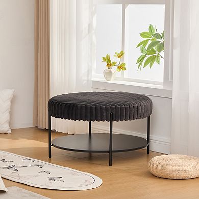 GOODSILO Round Upholstered Ottoman Coffee Table with Open Storage Shelf