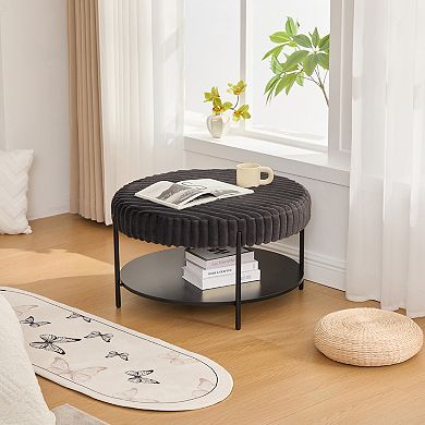 GOODSILO Round Upholstered Ottoman Coffee Table with Open Storage Shelf