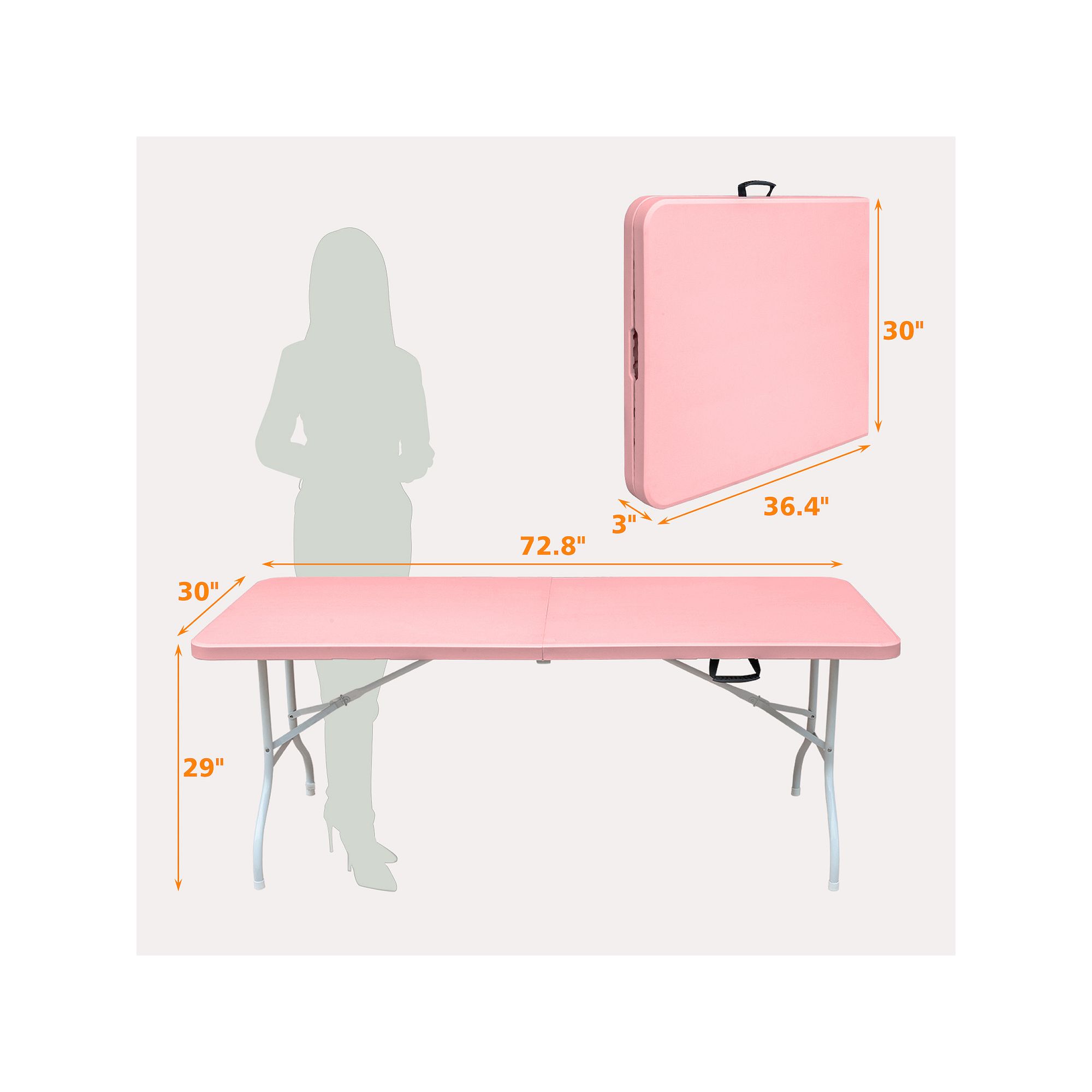 Pink folding table with dimensions shown: 72.8" x 30" x 29"