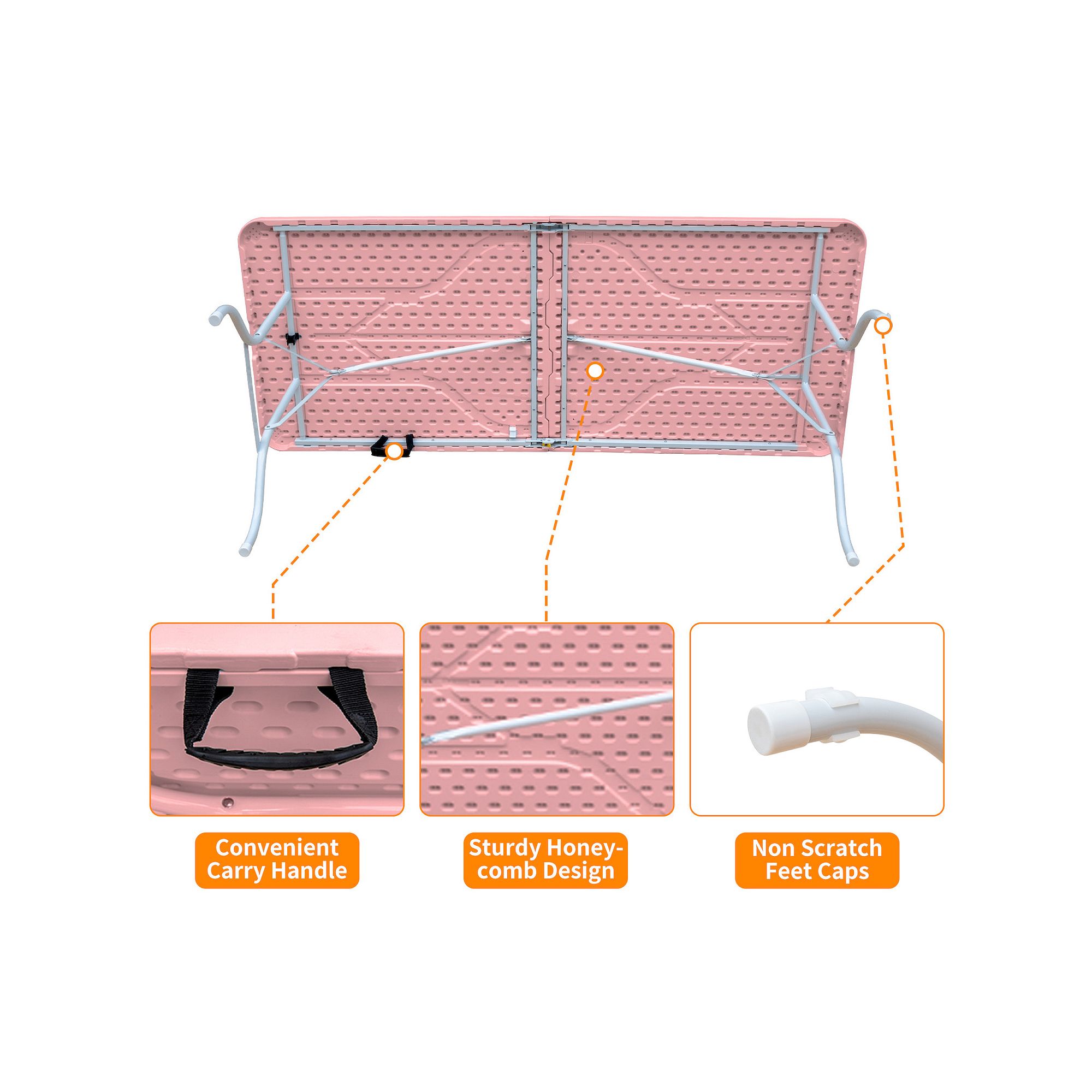 Folding table base details with honeycomb design, carry handle, and non-scratch feet caps