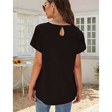 Women's Summer Shirts Lace Round Neck Short Sleeve Lightweight Blouses Tunic Tops