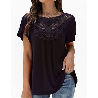 Women's Summer Shirts Lace Round Neck Short Sleeve Lightweight Blouses Tunic Tops