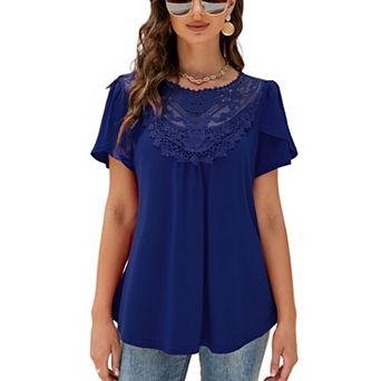 Women's Summer Shirts Lace Round Neck Short Sleeve Lightweight Blouses Tunic Tops