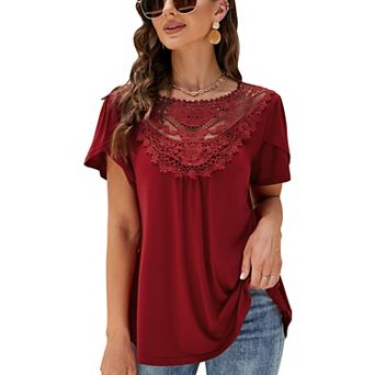 Women's Summer Shirts Lace Round Neck Short Sleeve Lightweight Blouses Tunic Tops