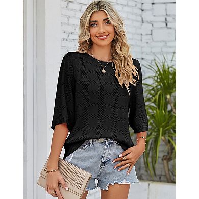 Women's Short Sleeve Sweater Crochet Lightweight Crew Neck Casual Thin Knit Hollow Out Top