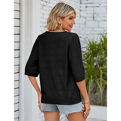 Women's Short Sleeve Sweater Crochet Lightweight Crew Neck Casual Thin Knit Hollow Out Top