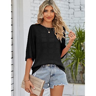 Women's Short Sleeve Sweater Crochet Lightweight Crew Neck Casual Thin Knit Hollow Out Top
