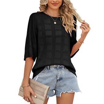 Women's Short Sleeve Sweater Crochet Lightweight Crew Neck Casual Thin Knit Hollow Out Top