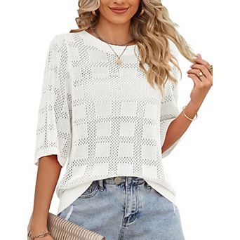 Women's Short Sleeve Sweater Crochet Lightweight Crew Neck Casual Thin Knit Hollow Out Top