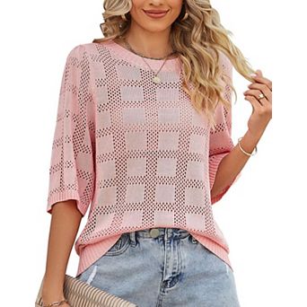 Women's Short Sleeve Sweater Crochet Lightweight Crew Neck Casual Thin Knit Hollow Out Top