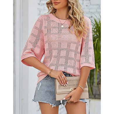 Women's Short Sleeve Sweater Crochet Lightweight Crew Neck Casual Thin Knit Hollow Out Top