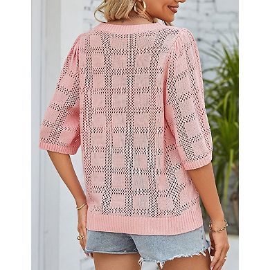 Women's Short Sleeve Sweater Crochet Lightweight Crew Neck Casual Thin Knit Hollow Out Top