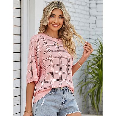 Women's Short Sleeve Sweater Crochet Lightweight Crew Neck Casual Thin Knit Hollow Out Top