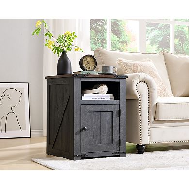 Nightstand with Charging Station, 20" Farmhouse End Table w/Groove Barn Door & Adjustable Shelf