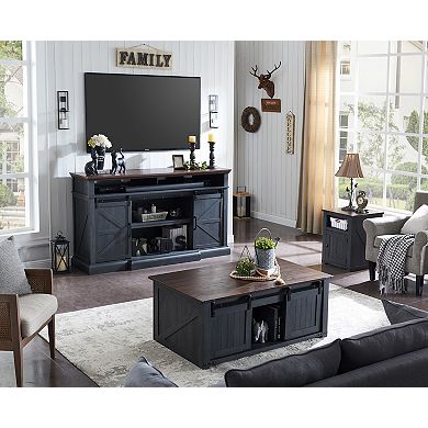 Nightstand with Charging Station, 20" Farmhouse End Table w/Groove Barn Door & Adjustable Shelf