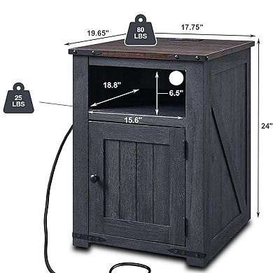 Nightstand with Charging Station, 20" Farmhouse End Table w/Groove Barn Door & Adjustable Shelf