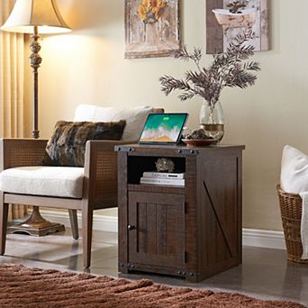 Nightstand with Charging Station, 20" Farmhouse End Table w/Groove Barn Door & Adjustable Shelf