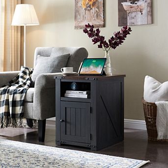 Nightstand with Charging Station, 20" Farmhouse End Table w/Groove Barn Door & Adjustable Shelf