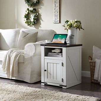 Nightstand with Charging Station, 20" Farmhouse End Table w/Groove Barn Door & Adjustable Shelf